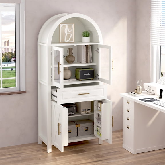 SESSLIFE 70.8" H Arched Pantry Cabinet, Kitchen Pantry Storage Cabinet with Adjustable Shelves & Built-in Racks, Freestanding Cupboard for Kitchen,Dining Room, White