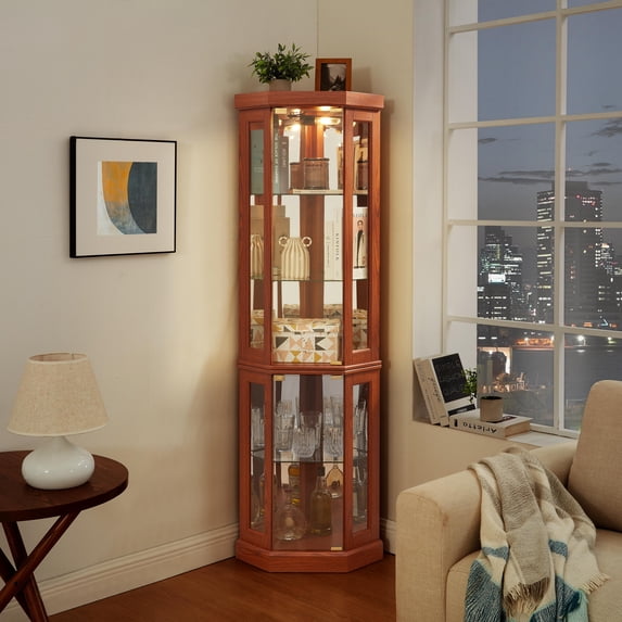 SESSLIFE 70" Corner Curio Cabinet with Glass Doors and Lighting, Oak Lighted Curio Cabinet with 5-Tier Adjustable Shelves for Display, Easy Assembly