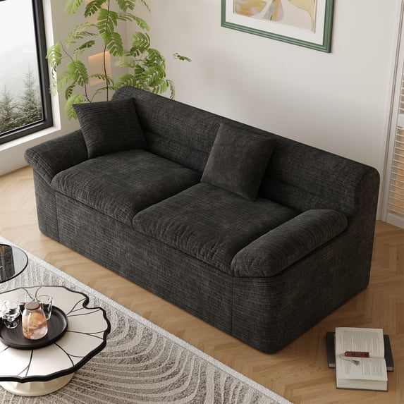 SESSLIFE 71" Boneless Loveseat Sofa, Corduroy 2-Seater Cloud Couch with Tilted Armrests & Double Cushions, No Assembly Floor Sofa for Living Room, Apartment, Black
