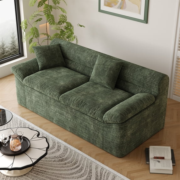 SESSLIFE 71" Boneless Loveseat Sofa, Corduroy 2-Seater Cloud Couch with Tilted Armrests & Double Cushions, No Assembly Floor Sofa for Living Room, Apartment, Black