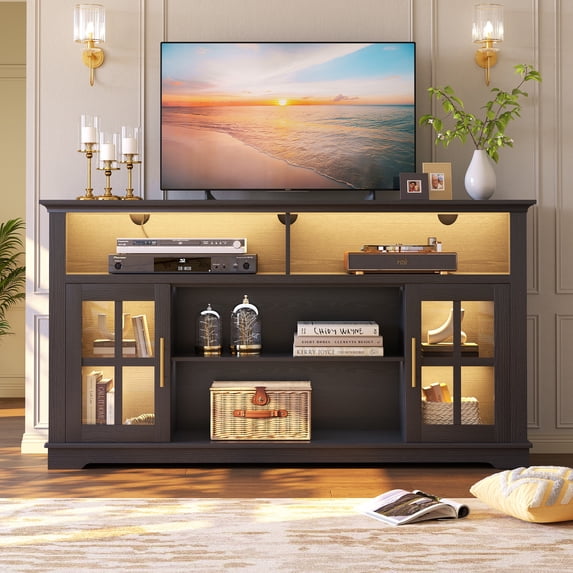 SESSLIFE 63" TV Stand with LED Lights for 70 inch TV, Entertainment Center Console with Large Storage, Modern TV Media Console Cabinet(White)