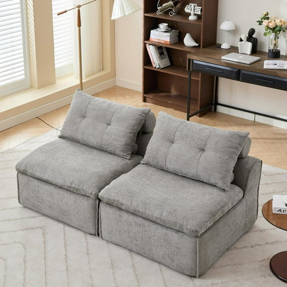 SESSLIFE Modular Sectional Sofa, Upholstered Cloud Couch with Neck Pillow and Lumbar Pillow, Modern Modular Sofa with Soft Chenille Fabric for Living Room, Apartment, At will DIY, 4-Seat, Light Grey