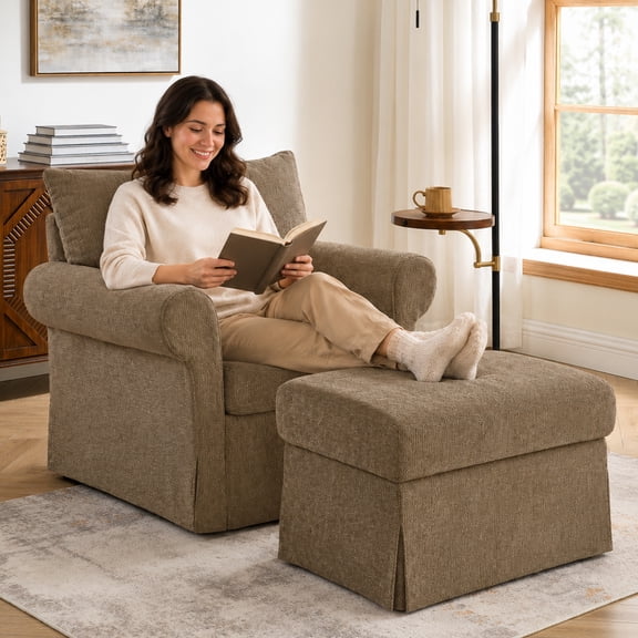 SESSLIFE Accent Chair with Ottoman, 37.5" W Chenille Upholstered Lounge Chair with Movable Ottoman Set, Comfy Reading Armchair for Living Room Bedroom, Brown