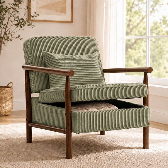 SESSLIFE Accent Chair with Hidden Storage, Wide Seat Corduroy Reading Armchair with Lumbar Pillow, Living Room Chair with Solid Wood Frame, Green