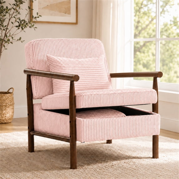 SESSLIFE Accent Chair with Hidden Storage, Wide Seat Corduroy Reading Armchair with Lumbar Pillow, Living Room Chair with Solid Wood Frame, Pink