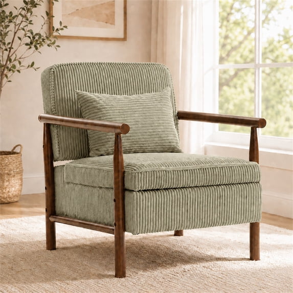 SESSLIFE Accent Chair with Storage Space, Upholstered Living Room Chairs with Waist Cushion & Wood Frame, Reading Armchair for Bedroom Sunroom, Green