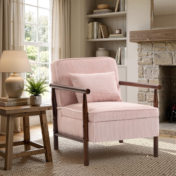 SESSLIFE Accent Chair with Storage Space, Upholstered Living Room Chairs with Waist Cushion & Wood Frame, Reading Armchair for Bedroom Sunroom, Pink