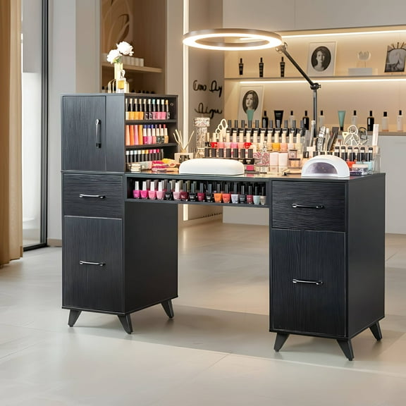 SESSLIFE All-in-One Nail Tech Table , Professional Manicure Station with Soft Wrist Rest, Acetone Resistant Glass Top, Spacious Cabinets for Bedroom, Nail Salon Organizer, Black