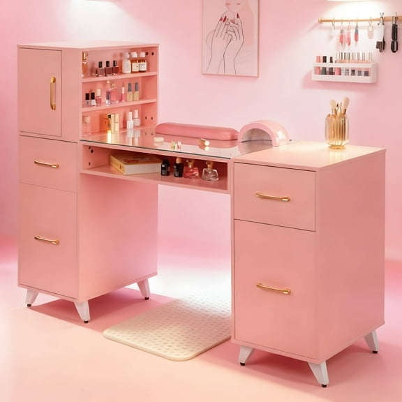 SESSLIFE All-in-One Nail Tech Table , Professional Manicure Station with Soft Wrist Rest, Acetone Resistant Glass Top, Spacious Cabinets for Bedroom, Nail Salon Organizer, Pink
