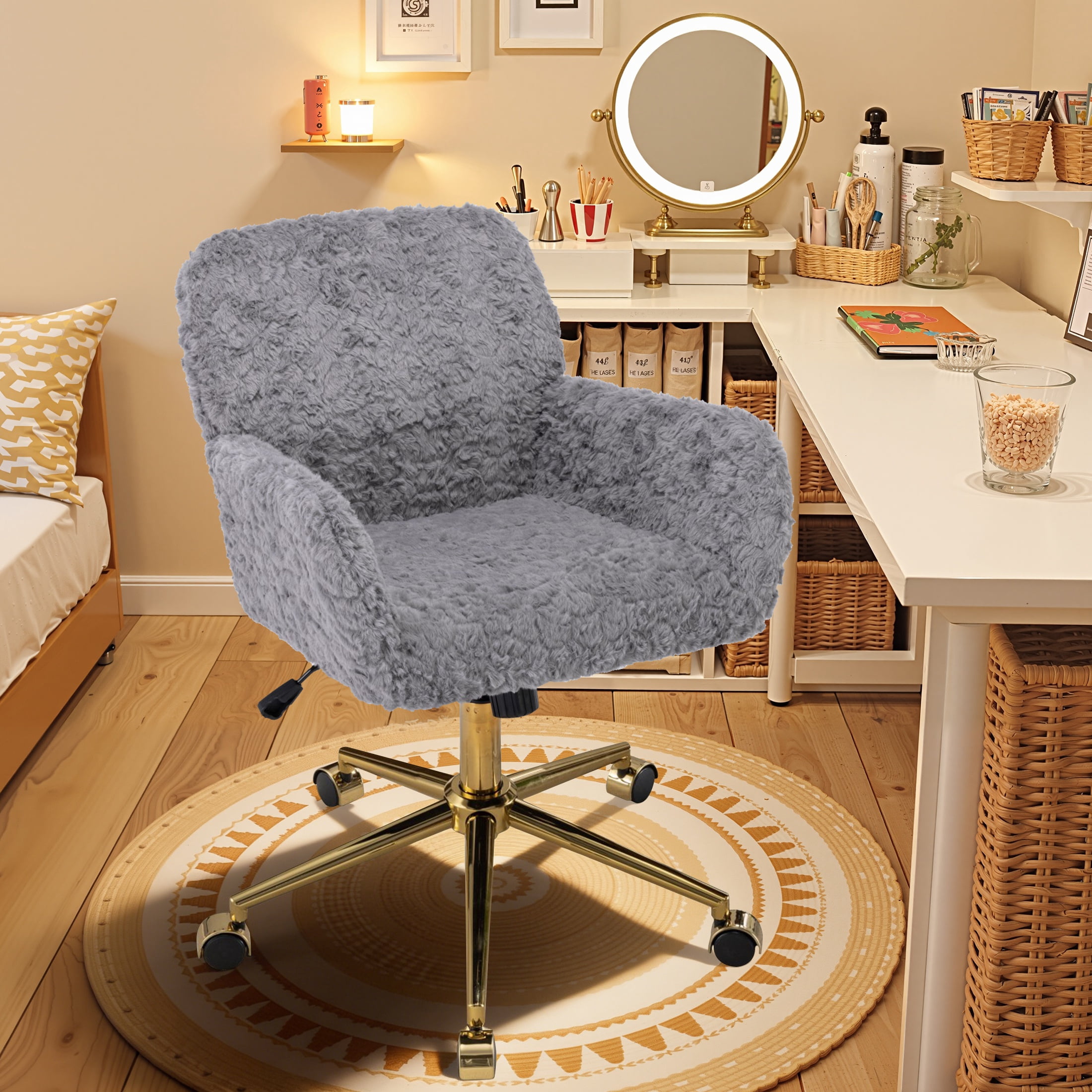 ENYOPRO Office Chair with Chrome Legs, Ergonomic Teddy Desk Chair Vanity Chair with Wheels, Modern Computer Chair for Home Office,Gray