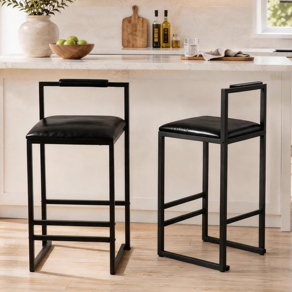 SESSLIFE Bar Stools Set of 2, Counter Height Bar Stools with PU Leather & Metal Legs, Barstools with Back, Bar Chairs for Kitchen Island, Black