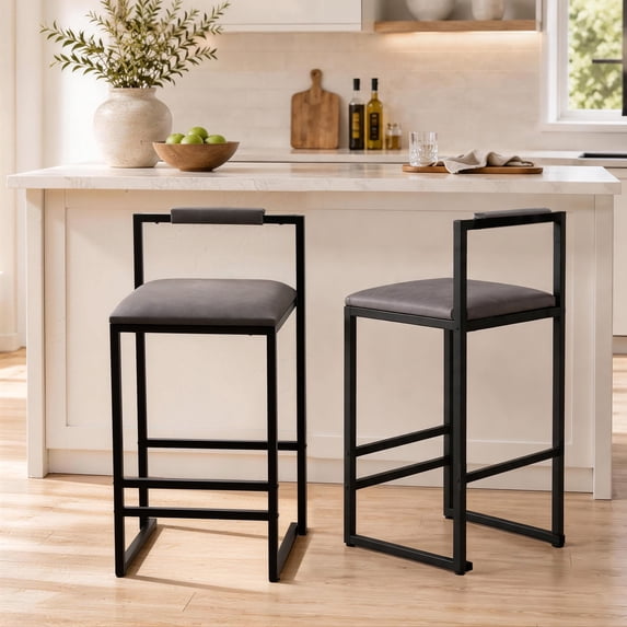SESSLIFE Bar Stools Set of 2, Counter Height Bar Stools with PU Leather & Metal Legs, Barstools with Back, Bar Chairs for Kitchen Island, Gray