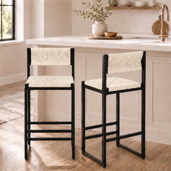 SESSLIFE Bar Chairs Set of 2, Counter Height Bar Stools with Paper Rope Weave & Metal Legs, Barstools for Kitchen Island, Creamy White