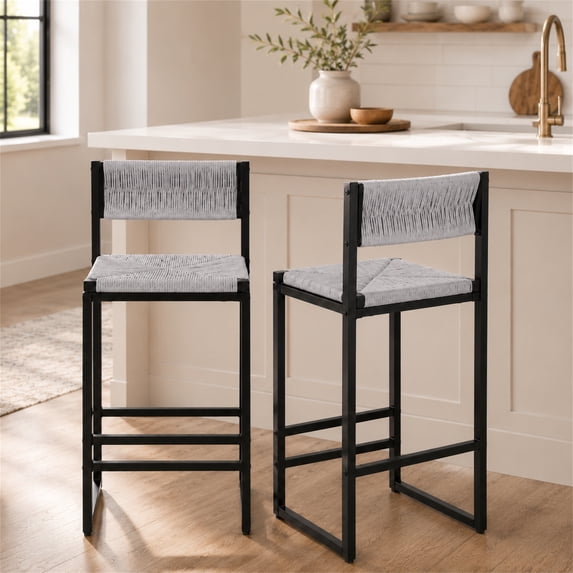 SESSLIFE Bar Chairs Set of 2, Counter Height Bar Chairs for Kitchen Counter, Paper Rope Weave Kitchen Chairs with Metal Legs, Bar Chairs for Restaurant, Coffee Shop, Gray