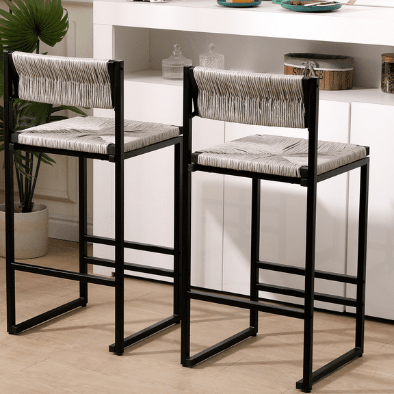 ENYOPRO Bar Chairs Set of 2, Counter Height Bar Chairs for Kitchen Counter, Paper Rope Weave Kitchen Chairs with Metal Legs, Bar Chairs for Restaurant, Coffee Shop, Gray