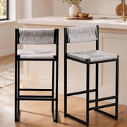 SESSLIFE Bar Stools Set of 2, Counter Height Bar Stools with Paper Rope Weave & Metal Legs, Barstools with Back, Bar Chairs for Kitchen Island, Gray