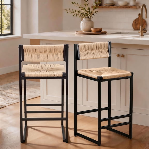 SESSLIFE Bar Stools Set of 2, Counter Height Bar Stools with Paper Rope Weave & Metal Legs, Barstools with Back, Bar Chairs for Kitchen Island, Honey