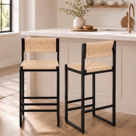 SESSLIFE Bar Chairs Set of 2, Counter Height Bar Stools with Paper Rope Weave & Metal Legs, Barstools for Kitchen Island, Honey