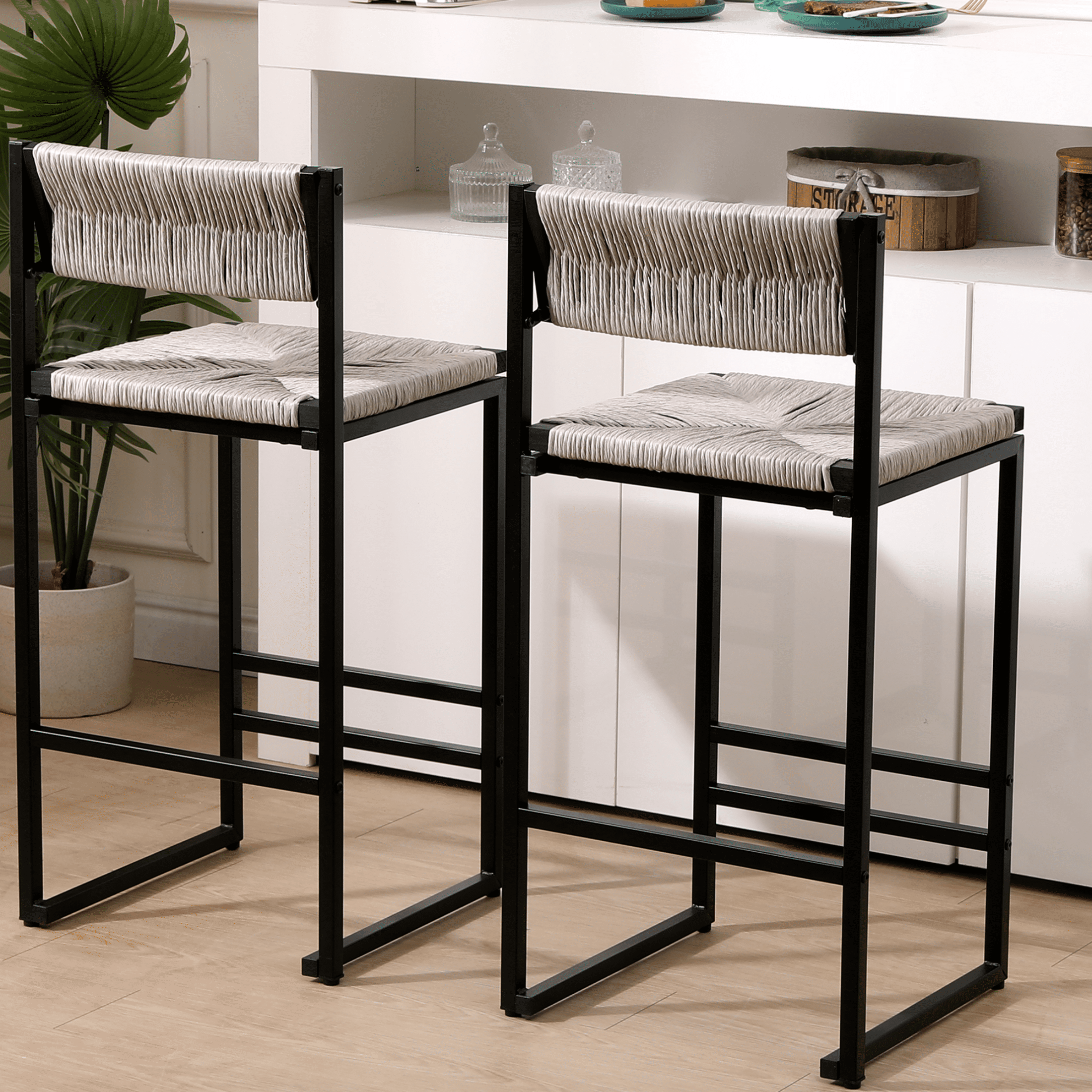 ENYOPRO Bar Chairs Set of 2, Counter Height Bar Chairs for Kitchen Counter, Paper Rope Weave Kitchen Chairs with Metal Legs, Bar Chairs for Restaurant, Coffee Shop, Gray