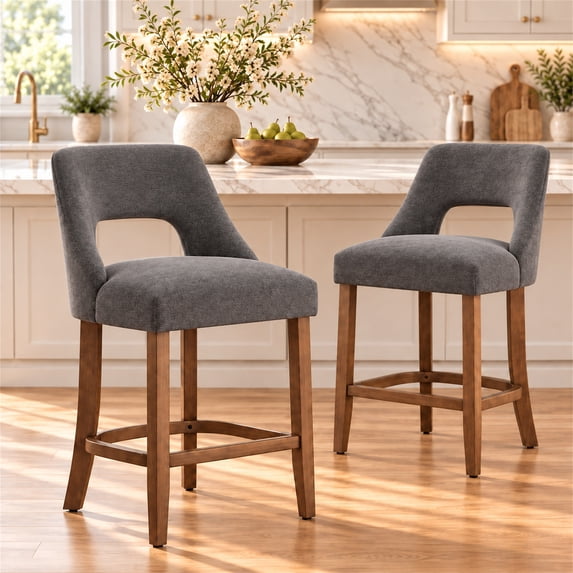 SESSLIFE Bar Stools Set of 2, 26" Counter Height Bar Stools with Open Back, Modern Upholstered Kitchen Island Stools with Solid Wood Legs, Bar Chairs for Dining Room, Gray
