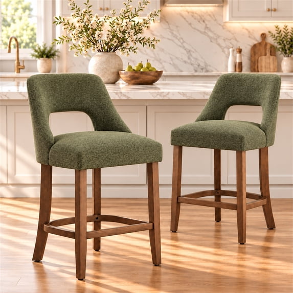 SESSLIFE Bar Stools Set of 2, 26" Counter Height Bar Stools with Open Back, Modern Upholstered Kitchen Island Stools with Solid Wood Legs, Bar Chairs for Dining Room, Green