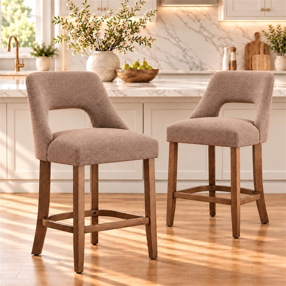 SESSLIFE Bar Stools Set of 2, 26" Counter Height Bar Stools with Open Back, Modern Upholstered Kitchen Island Stools with Solid Wood Legs, Bar Chairs for Dining Room, Khaki