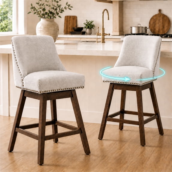 SESSLIFE Beige Bar Stools with Back Set of 2, 26" Counter Height Swivel Bar Stools, Upholstered Farmhouse Counter Stools with Solid Wood Legs, Bar Chairs for Kitchen Island & Home