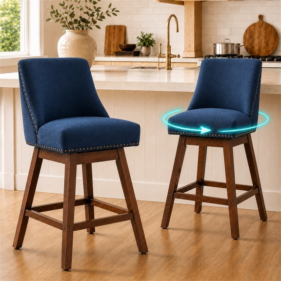 SESSLIFE Blue Bar Stools with Back Set of 2, 26" Counter Height Swivel Bar Stools, Upholstered Farmhouse Counter Stools with Solid Wood Legs, Bar Chairs for Kitchen Island & Home