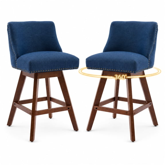 SESSLIFE Swivel Bar Stools Set of 2, 26" Counter Height Upholstered Bar Stools with Back, Barstools with Solid Wood Legs, Bar Chair for Kitchen Island & Home, Blue