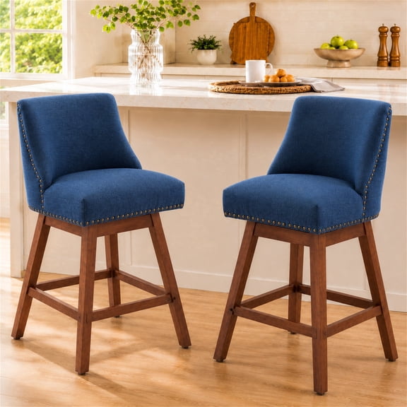 SESSLIFE Swivel Bar Stools Set of 2, 26" Counter Height Upholstered Bar Stools with Back, Barstools with Solid Wood Legs, Bar Chair for Kitchen Island & Home, Blue