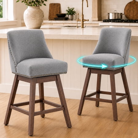 SESSLIFE Gray Bar Stools with Back Set of 2, 26" Counter Height Swivel Bar Stools, Upholstered Farmhouse Counter Stools with Solid Wood Legs, Bar Chairs for Kitchen Island & Home
