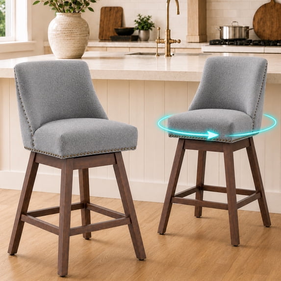 SESSLIFE Gray Bar Stools with Back Set of 2, 26" Counter Height Swivel Bar Stools, Upholstered Farmhouse Counter Stools with Solid Wood Legs, Bar Chairs for Kitchen Island & Home