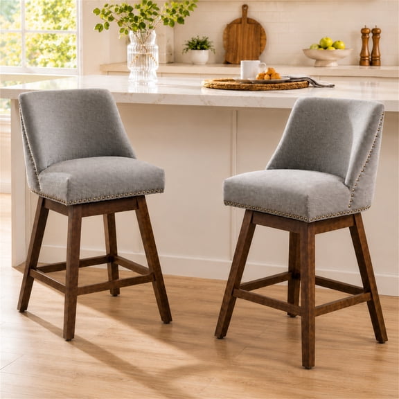 SESSLIFE Bar Stools, Set of 2 Swivel Counter Height Bar Stools, Modern Barstools with Solid Wood Legs and Fabric Seat, Bar Chair for Kitchen Island & Home, Grey