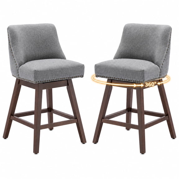SESSLIFE Gray Bar Stools with Back Set of 2, 26" Counter Height Swivel Bar Stools, Upholstered Farmhouse Counter Stools with Solid Wood Legs, Bar Chairs for Kitchen Island & Home