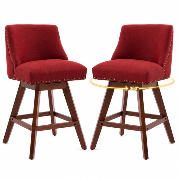 SESSLIFE Swivel Bar Stools Set of 2, 26" Counter Height Upholstered Bar Stools with Back, Barstools with Solid Wood Legs, Bar Chair for Kitchen Island & Home, Wine Red