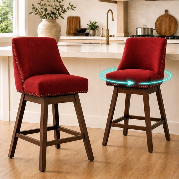 SESSLIFE Red Bar Stools with Back Set of 2, 26" Counter Height Swivel Bar Stools, Upholstered Farmhouse Counter Stools with Solid Wood Legs, Bar Chairs for Kitchen Island & Home