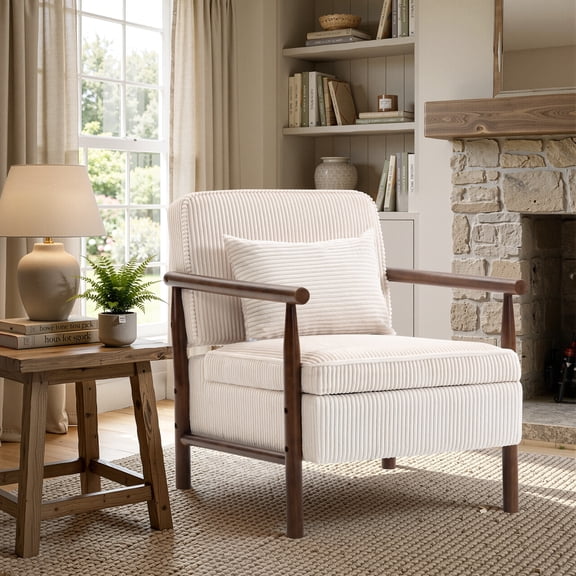 SESSLIFE Accent Chair with Storage Space, Upholstered Living Room Chairs with Waist Cushion & Wood Frame, Reading Armchair for Bedroom Sunroom, White