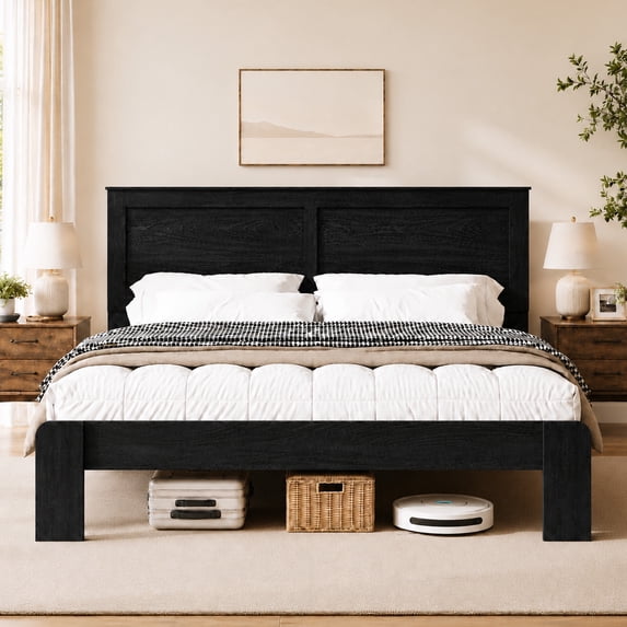 SESSLIFE Queen Size Bed Frame with Headboard, Rustic Wood and Metal Platform Bed, Farmhouse Queen Bed Frame with Under Bed Storage, No Box Spring Needed, Black