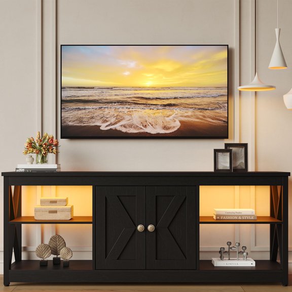 PAPROOS TV Stand for 65 Inch TV, Modern TV Cabinet with LED Light, Mid Century Entertainment Centre, Media Console Table with Storage for Living Room,Black