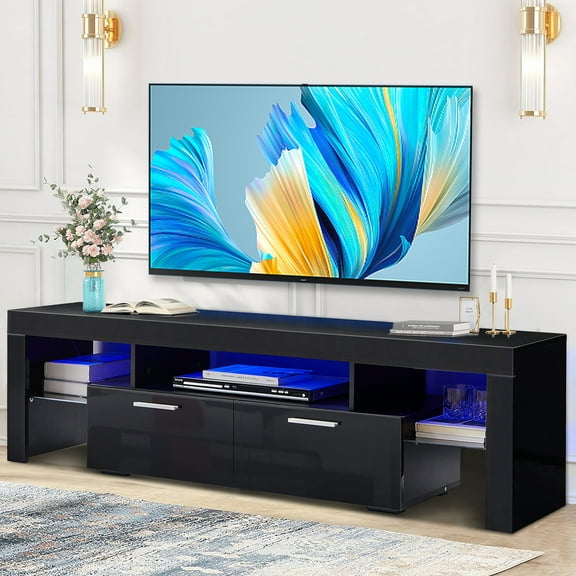 SESSLIFE Black TV Stand for 70 Inch TV, Modern TV Cabinet with 16 Color LED Light