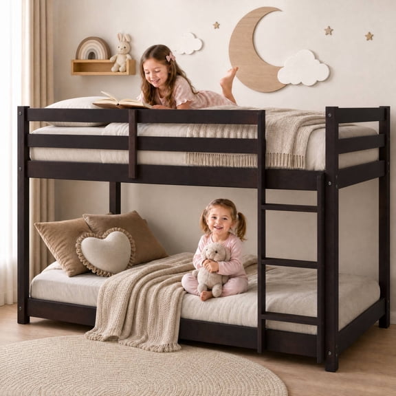 Solid Wood Low Bunk Bed for Boys Girls, Sesslife Twin Over Twin Bunk Bed with Guardrails & Ladder, Non-Toxic Finish, No Box Spring Needed, Easy Assembly, Espresso