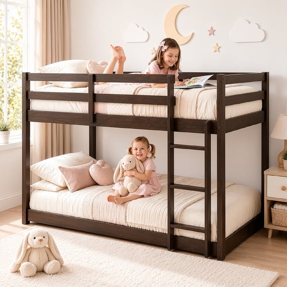 Solid Wood Low Bunk Bed for Boys Girls, Sesslife Twin Over Twin Bunk Bed with Guardrails & Ladder, Non-Toxic Finish, No Box Spring Needed, Easy Assembly, Espresso