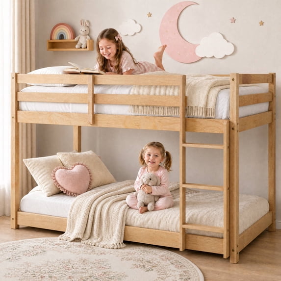 Solid Wood Low Bunk Bed for Boys Girls, Sesslife Twin Over Twin Bunk Bed with Guardrails & Ladder, Non-Toxic Finish, No Box Spring Needed, Easy Assembly, Natural
