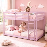 Solid Wood Bunk Bed for Kids, Sesslife Twin over Twin Bunk Bed with Guardrails & Ladder, Non-Toxic Finish, Easy Assembly, Pink