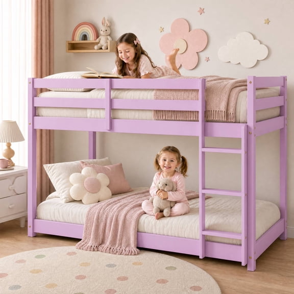 Solid Wood Low Bunk Bed for Boys Girls, Sesslife Twin Over Twin Bunk Bed with Guardrails & Ladder, Non-Toxic Finish, No Box Spring Needed, Easy Assembly, Pink