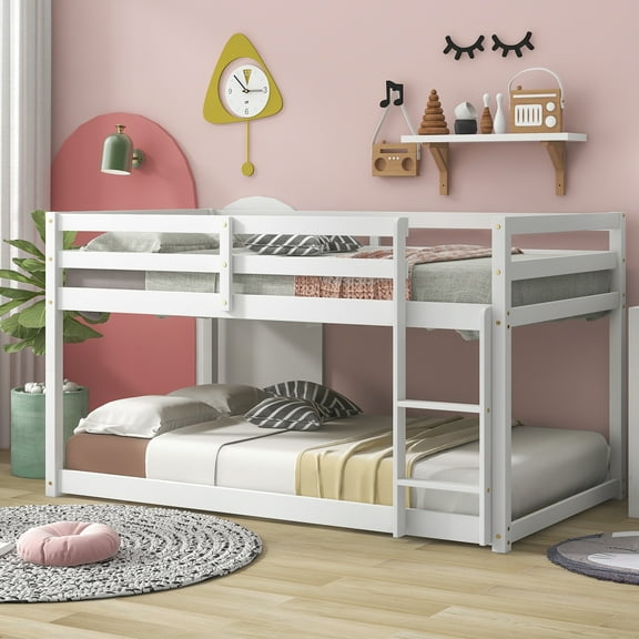 SESSLIFE Twin Over Twin Bunk Bed with Wood Frame and Ladder, Space-Saving Design, White