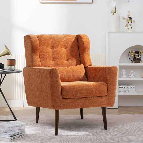 SESSLIFE Classic Orange Leather Upholstered Accent Arm Chair Soft Barrel Club Chairs for Living Room Comfy Single Sofa Office Guest Chatting Chair with Solid Wood Legs and Nailhead for Bedroom