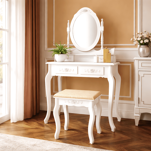 SESSLIFE Classic Vanity Desk with Stool and Mirror, White Dressing Table with 4 Drawers and Storage, Compact Makeup Vanity Desk for Small Space, Apartment, Bedroom