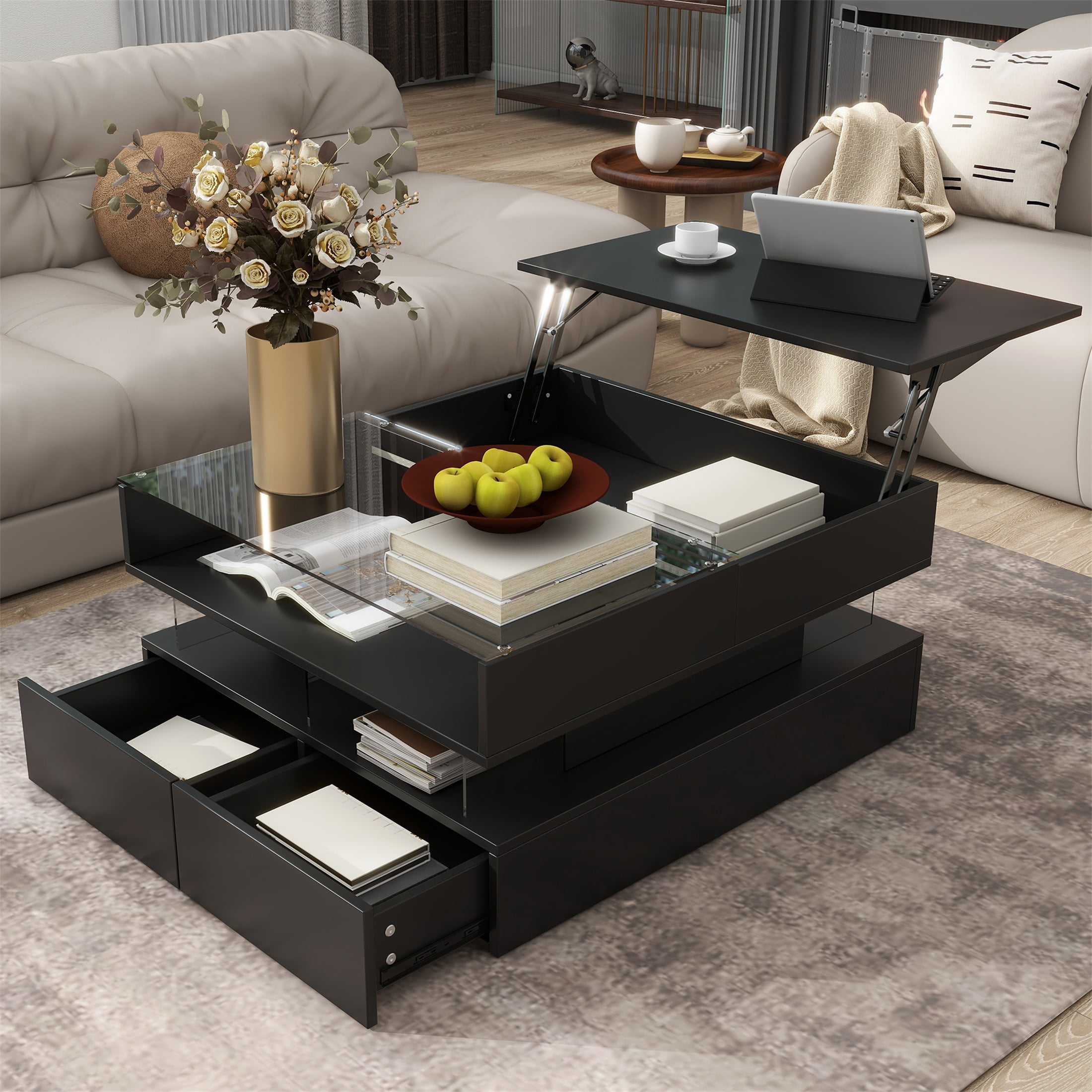 SESSLIFE Coffee Table, Lift-Top Living Room Table with LED Lights, 29.5" Square Tempered Glass Center Table with Hidden Compartment & 2 Large Drawers, Easy Assembly, Black