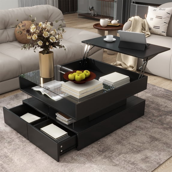 SESSLIFE Coffee Table, Lift-Top Living Room Table with LED Lights, 29.5" Square Tempered Glass Center Table with Hidden Compartment & 2 Large Drawers, Easy Assembly, Black